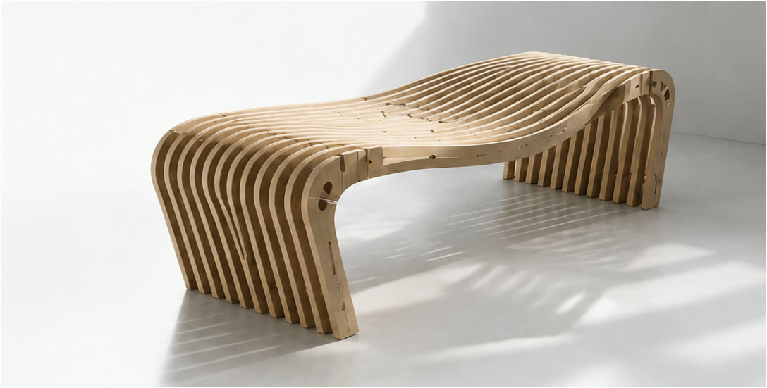 A sectioned plywood bench