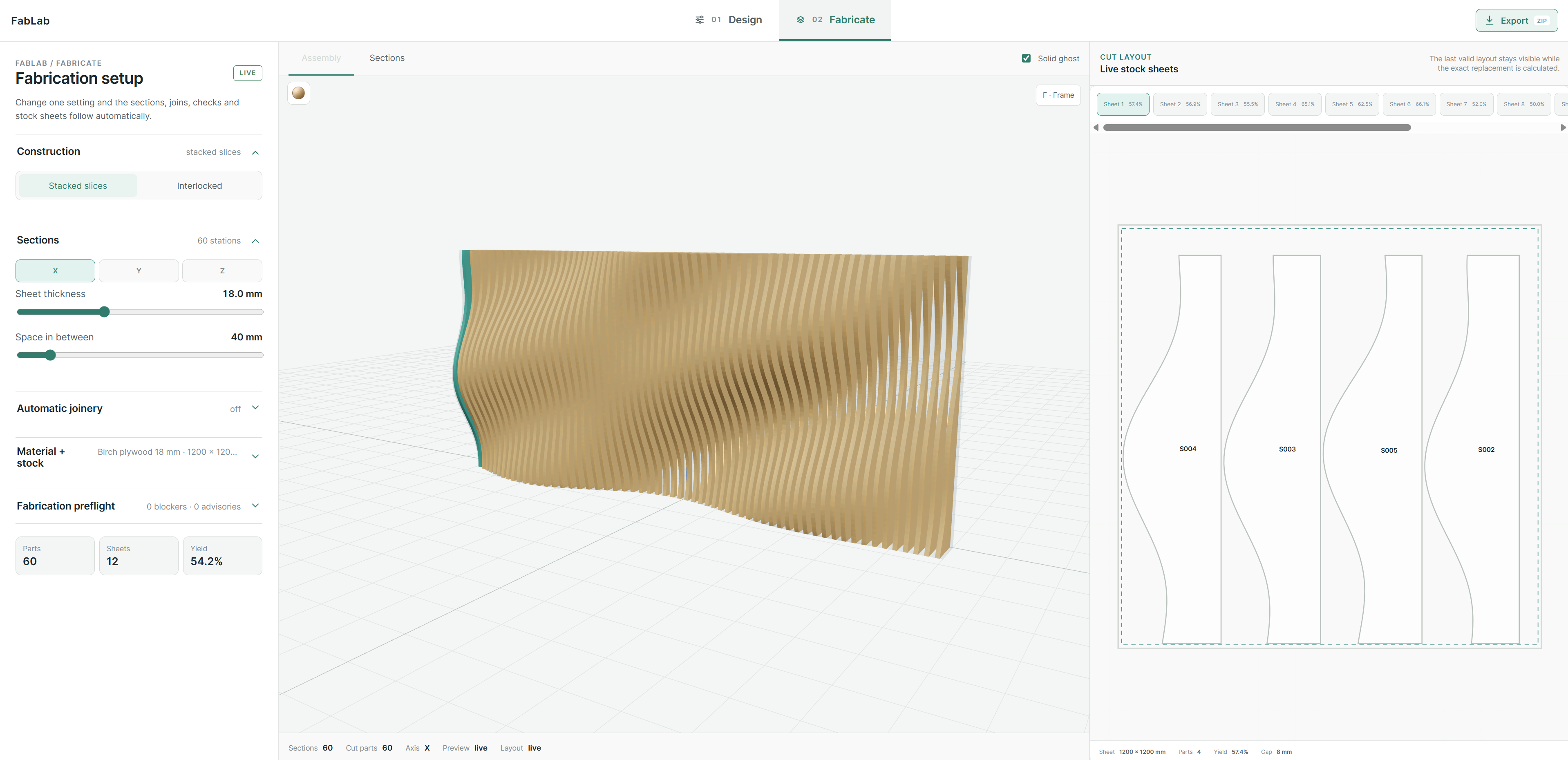 FABLAB interface with a sectional 3D model and sheet layout