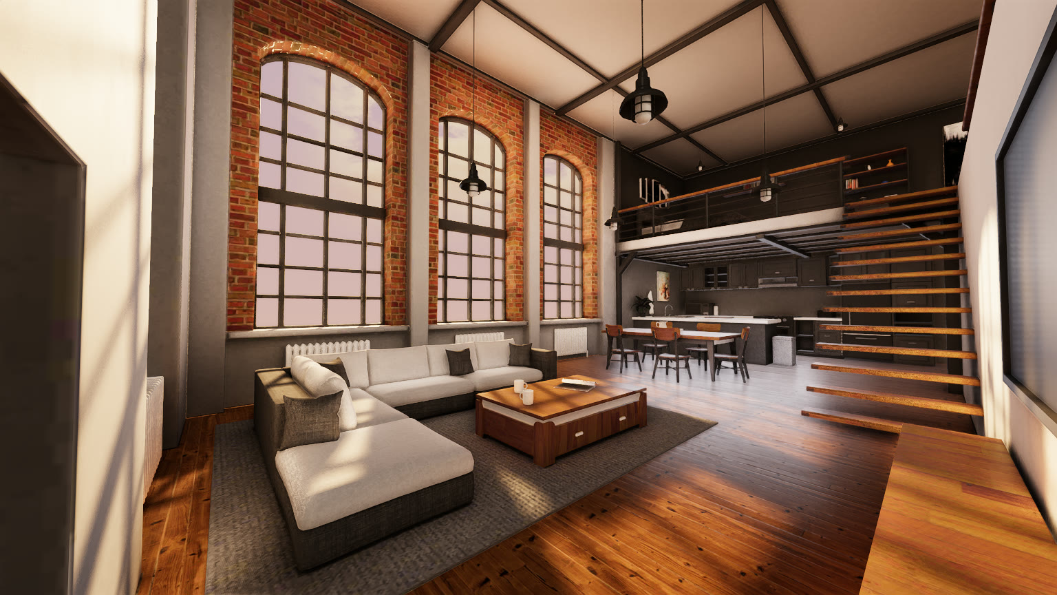 The loft scene in Lumen, sun on the floor below the arched windows